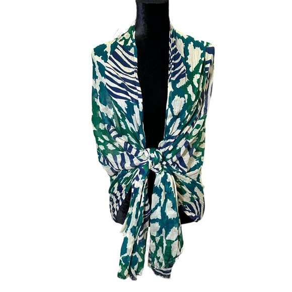 Unbranded Scarf Womens Long Rectangle Blue Green Animal Print Camo Fringe - Picture 2 of 8
